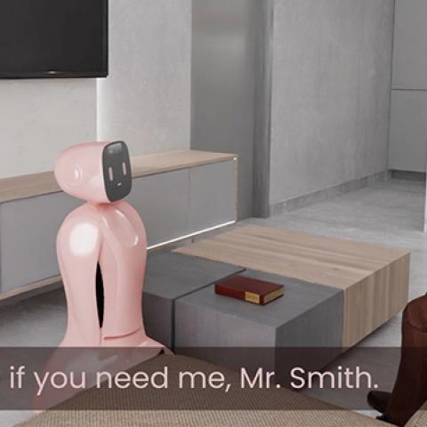 animation showing a pink robot and older man, robot says "I'll be here if you need me, Mr. Smith"