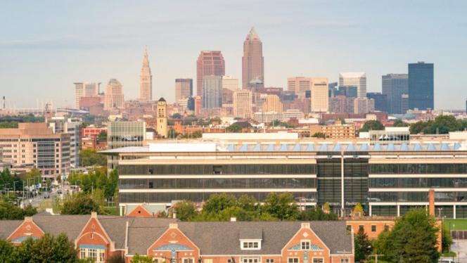 Photo of Heath Education Campus and Cleveland skyline