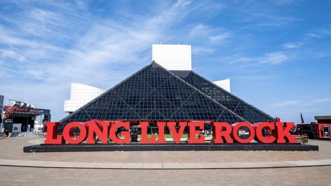 "Long live rock" signage outside of the Rock and Roll Hall of Fame