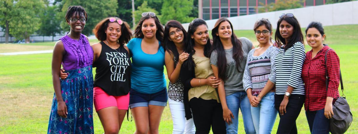 A group of female students on the CWRU campus