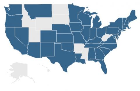 A map of the United States highlighting the states where MEM graduates work and live
