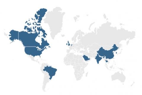 Map of the world highlighting the countries where MEM alumni live and work