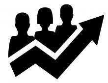 Upwards pointing trend line with the silhouettes of several business people
