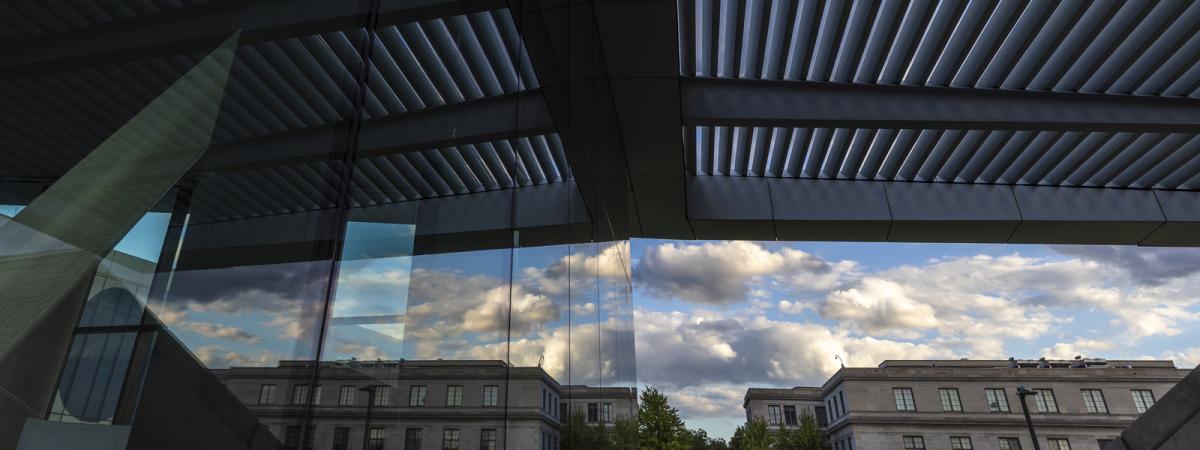 Architectural details of Tinkham Veale University Center, showing reflections on the side of the building
