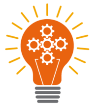Drawing of an orange light bulb with gears inside it 