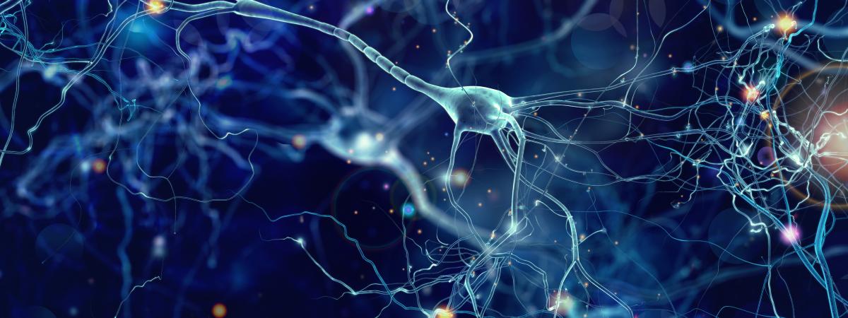 Conceptual illustration of neuron cells with glowing link knots in abstract dark space