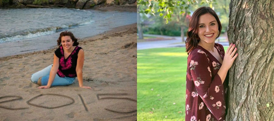 Side-by-side photos of Diana Kloboves as a high school senior with her graduation written in sand in front of her on a beach and recently posing next to a tree