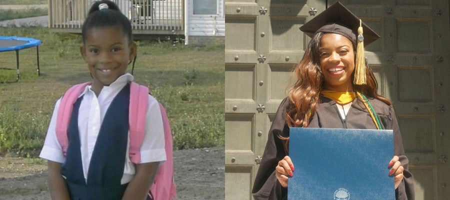 Side-by-side photos of Dominique McIntyre as a child in a school uniform and in her cap and gown at her master's graduation at CWRU