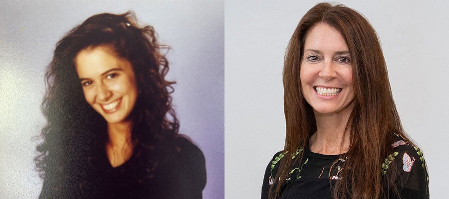 Side-by-side photos of Genine Apidone as a high school senior and a more recent headshot
