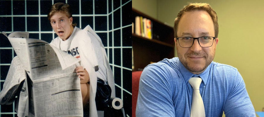 Side-by-side photos of Jay Klein as a high school senior taking a funny picture and recently