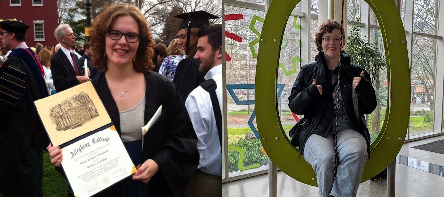 Side-by-side photos of Rachel Stegemann holding up her college diploma at graduation and recently at a museum