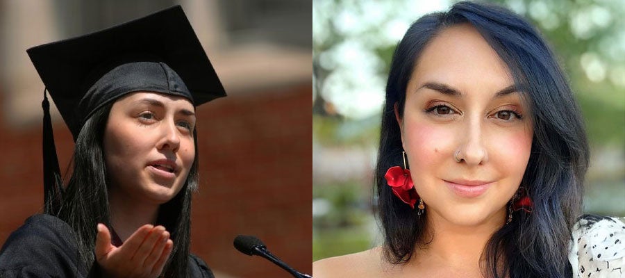 Side-by-side photos of Samantha Cocco speaking at her college graduation and a recent photo
