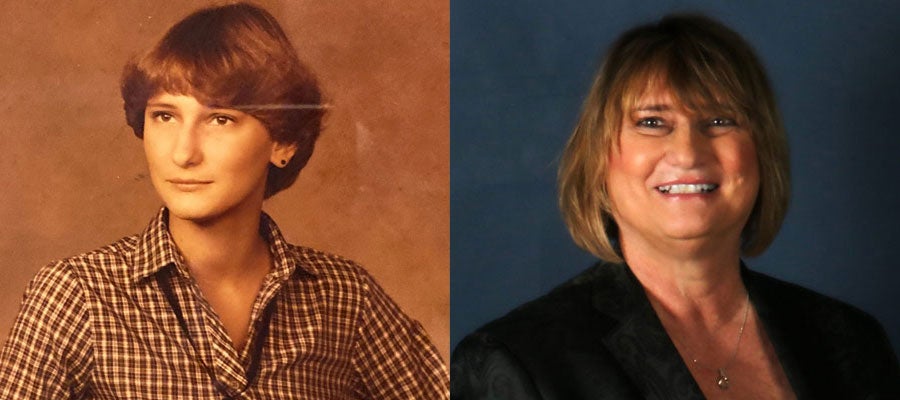 Side-by-side photos of Theresa Grigger as a senior in high school and a current headshot