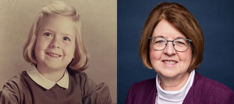 Side-by-side photos of Valerie Toly in kindergarten and a recent headshot
