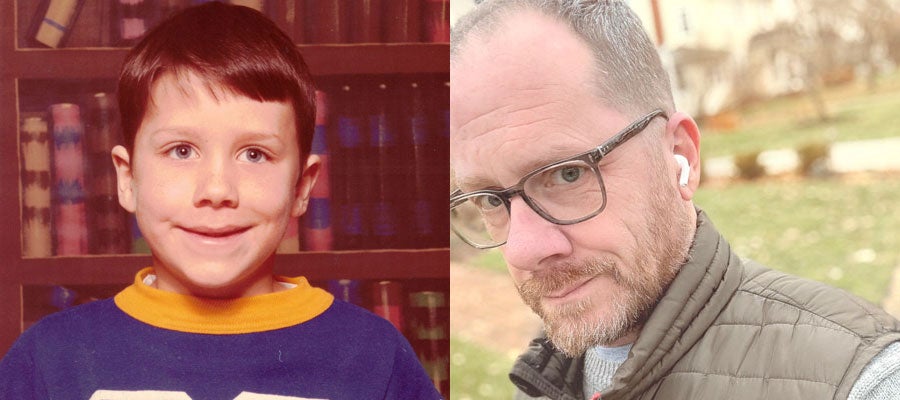 Photo of William Breeze as a child in school and recently