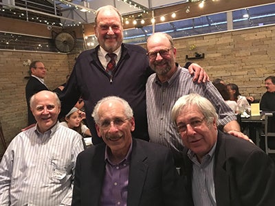 Photo from the 50th reunion dinner. Top row (l-r): Doug Smock (ADL ’70) and Paul Kerson (ADL ’72; GRS ’72, political science). Bottom row (l-r): Blake Lange (CIT ’72), Wayne Gottlieb (CIT ’71) and Jon Poole (ADL ’70; GRS ’72, education; MGT ’73).