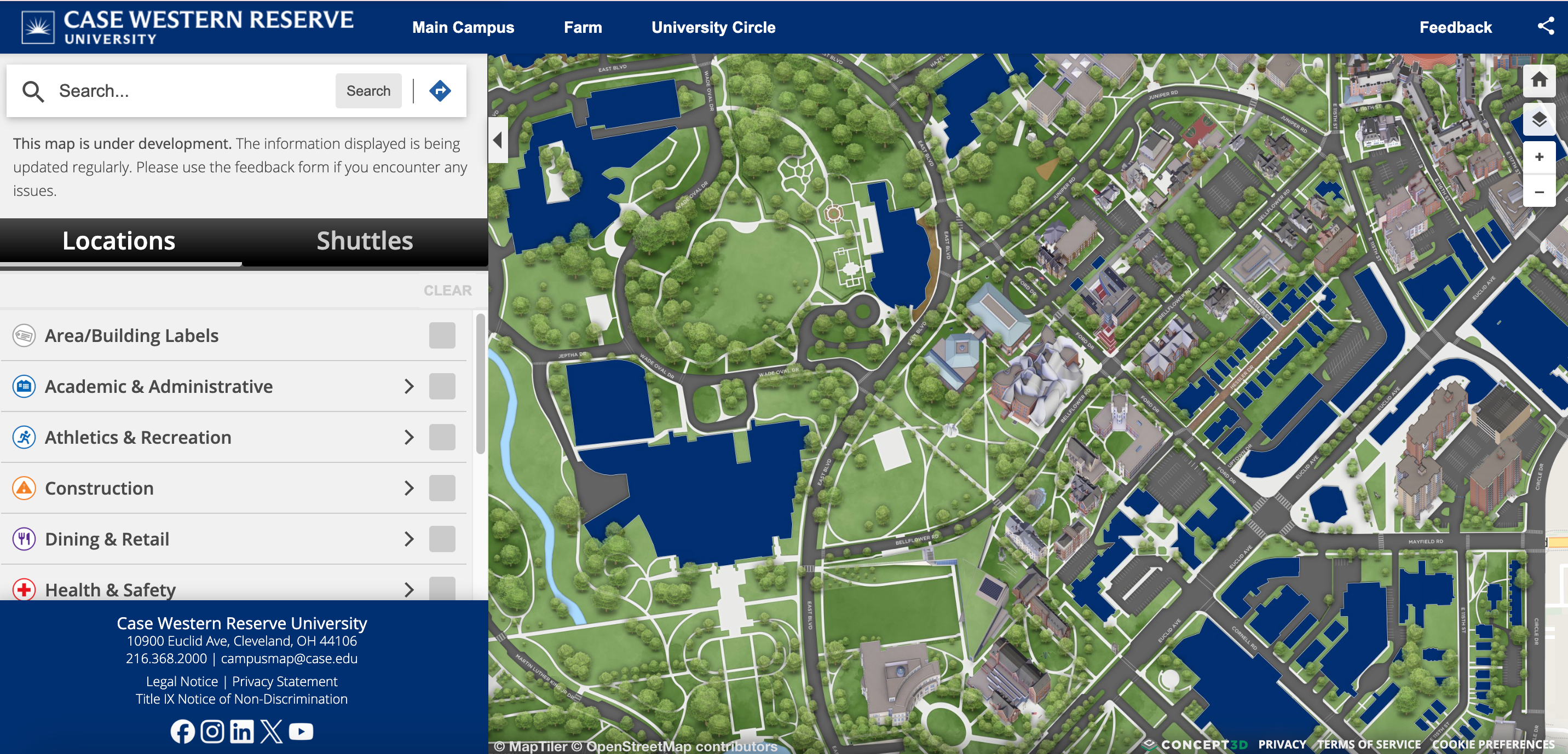 Screenshot of the new interactive Campus Map at CWRU showing an illustrated image of campus and a sidebar to filter locations by their purpose