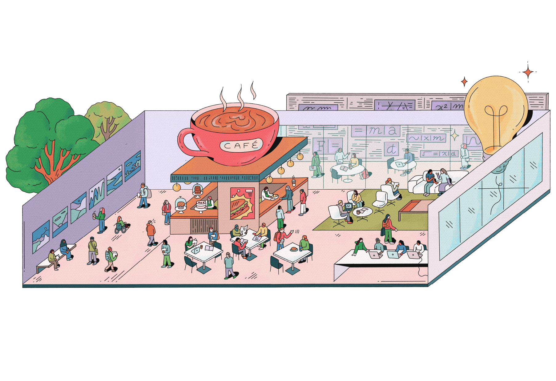 Cutaway illustration of a portion of the ground floor of the Interdisciplinary Science and Engineering Building depicts café workspace with people chatting and working at tables, a giant coffee cup, trees outside, and a glowing lightbulb overhead.