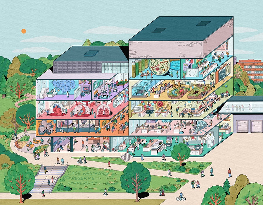 Illustration depicting a cross-section view of the five-story Interdisciplinary Science and Engineering Building, with illustrated people working in various colorful, science-themed rooms, including laboratories, offices, and gathering areas, surrounded by trees on a campus setting.