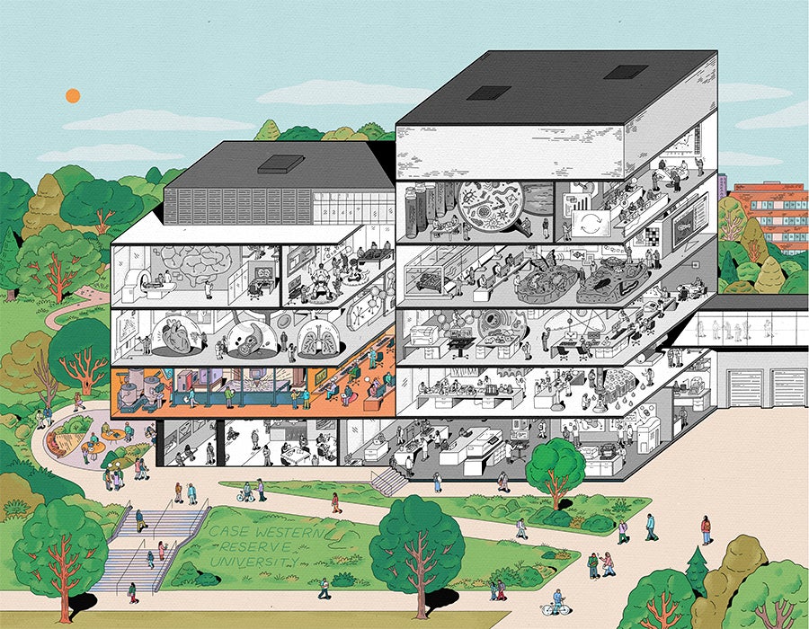 Illustration depicting a cross-section view of the five-story Interdisciplinary Science and Engineering Building, with illustrated people working in various science-themed rooms, including laboratories, offices, and gathering areas, surrounded by trees on a campus setting.The building is black and white except one space on the first floor. 