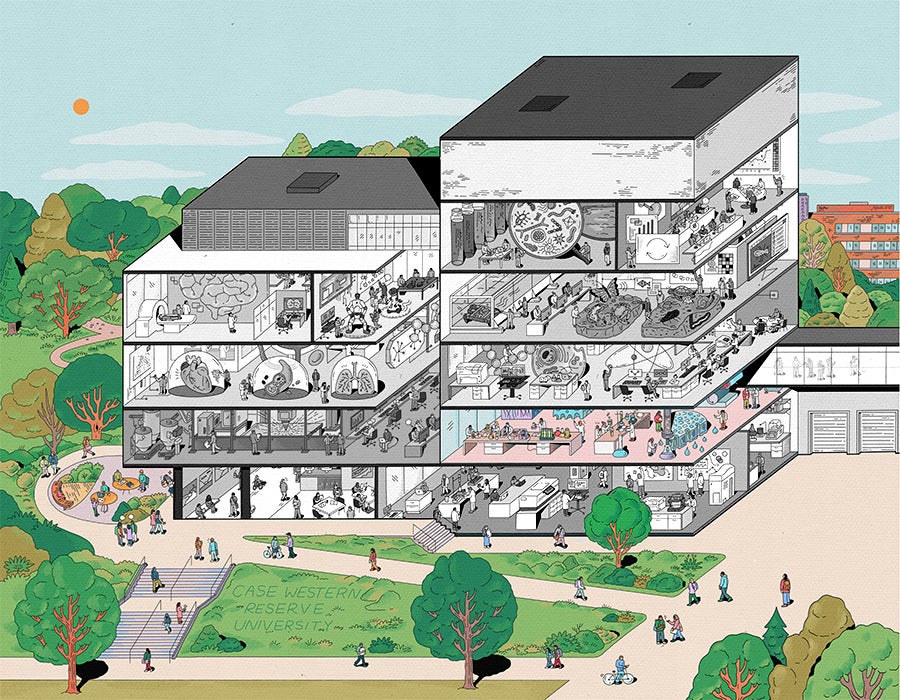 Illustration depicting a cross-section view of the five-story Interdisciplinary Science and Engineering Building, with illustrated people working in various science-themed rooms, including laboratories, offices, and gathering areas, surrounded by trees on a campus setting. The building is black and white except one space on the right side of the first floor.