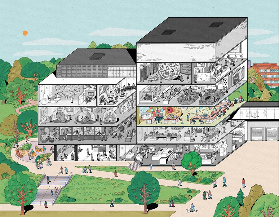 Illustration depicting a cross-section view of the five-story Interdisciplinary Science and Engineering Building, with illustrated people working in various science-themed rooms, including laboratories, offices, and gathering areas, surrounded by trees on a campus setting. The building is black and white except one space on the right side of the second floor.