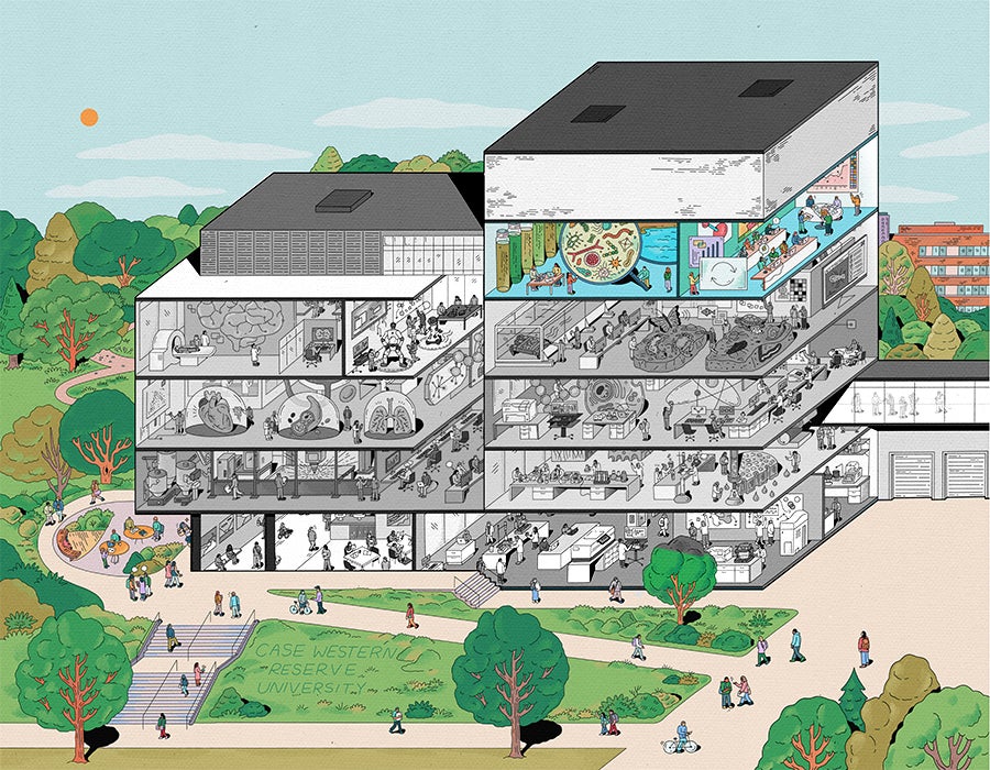 Illustration depicting a cross-section view of the five-story Interdisciplinary Science and Engineering Building, with illustrated people working in various science-themed rooms, including laboratories, offices, and gathering areas, surrounded by trees on a campus setting. The building is black and white except for the fourth floor.