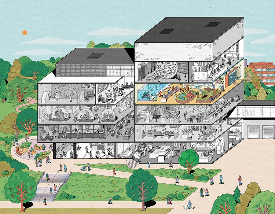 Illustration depicting a cross-section view of the five-story Interdisciplinary Science and Engineering Building, with illustrated people working in various science-themed rooms, including laboratories, offices, and gathering areas, surrounded by trees on a campus setting. The building is black and white except for one space on the right side of the third floor