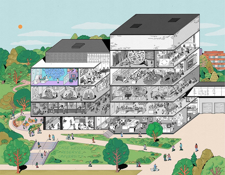 Illustration depicting a cross-section view of the five-story Interdisciplinary Science and Engineering Building, with illustrated people working in various science-themed rooms, including laboratories, offices, and gathering areas, surrounded by trees on a campus setting. The building is black and white except one space on the left side of the third floor