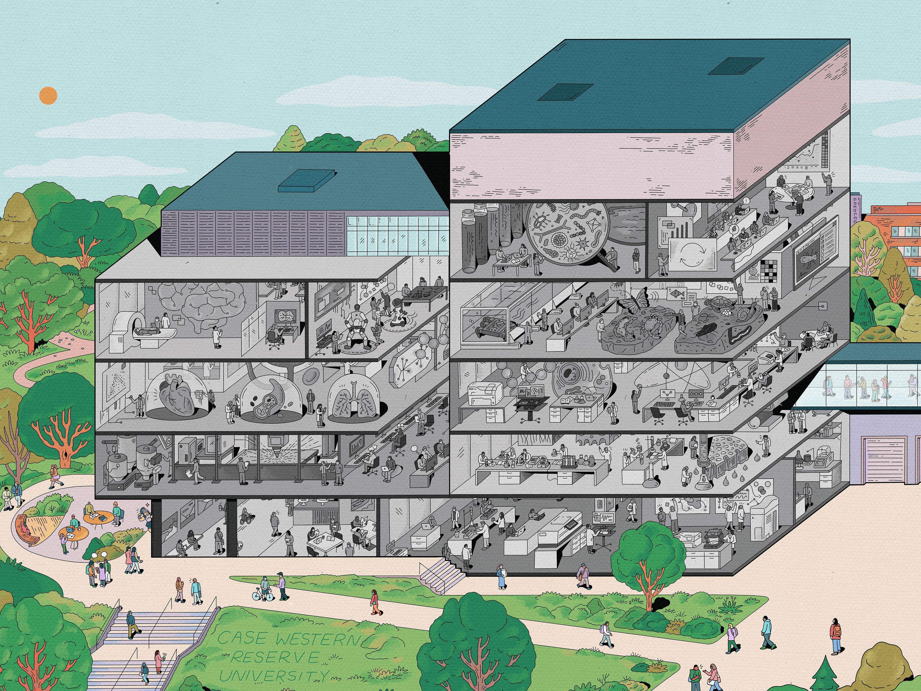 Animated illustration depicting a cross-section view of the five-story Interdisciplinary Science and Engineering Building, with illustrated people working in various science-themed rooms. All appear as black and white initially, but are replaced with a colorful version one by one. 