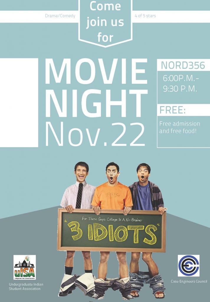 flier for 3 idiots film screening at CWRU
