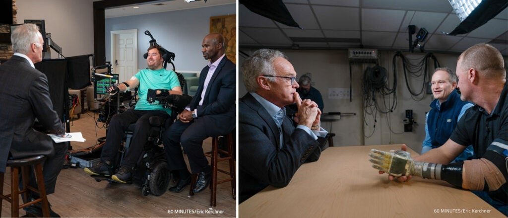 Composite image of photos of researcher Bolu Ajiboye and research participant Austin Beggin talking with Scott Pelley, and another image of Dustin Tyler and a research participant talking with Scott Pelley