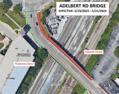 Visual of Adelbert Road bridge pedestrian and traffic detour routes. 