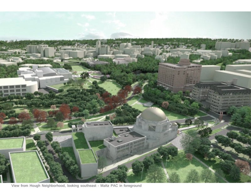 Rendering of an Aerial view of the CWRU greenway, with the Maltz Performing Arts Center in the foreground, looking east