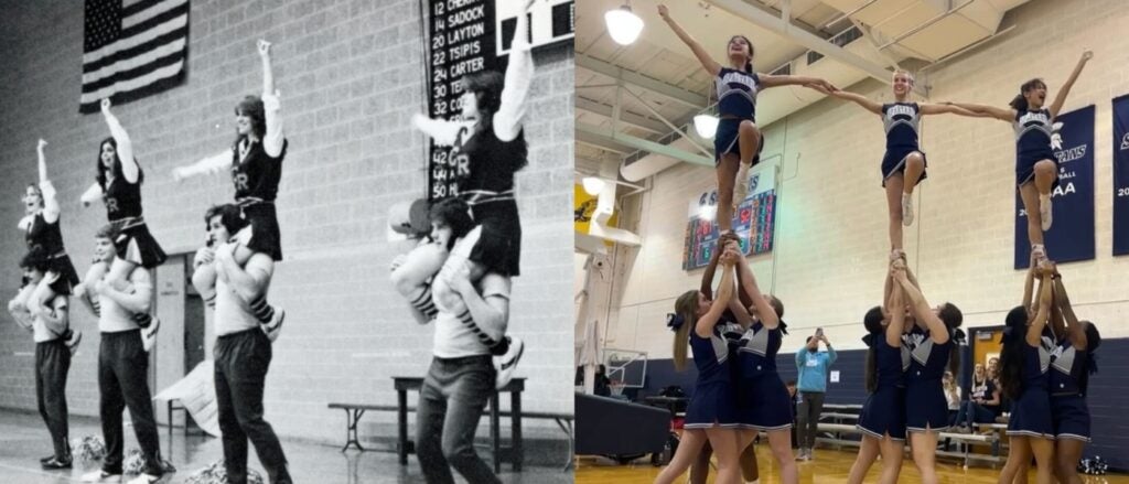 Compilation image of 1981 and modern-day CWRU cheerleading teams during basketball games