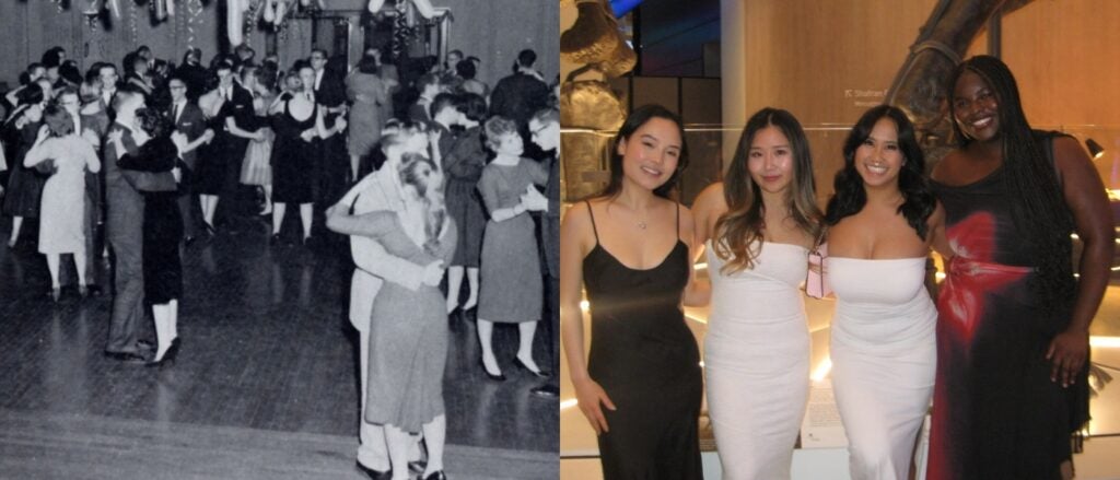 Compilation image of attendees  at Lux inter-dorm dance at CWRU in 1960 (pictured left) and a modern day photo of Ayosubomi Akande with peers at Snowball formal (pictured right)