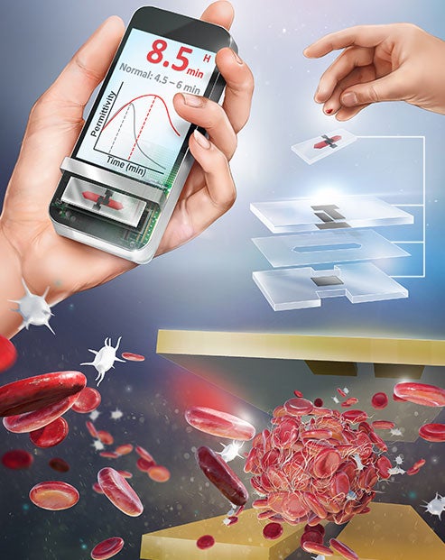 An illustration of the ClotChip technology, showing a handheld device, a finger being pricked and an artist's rendering of blood cells