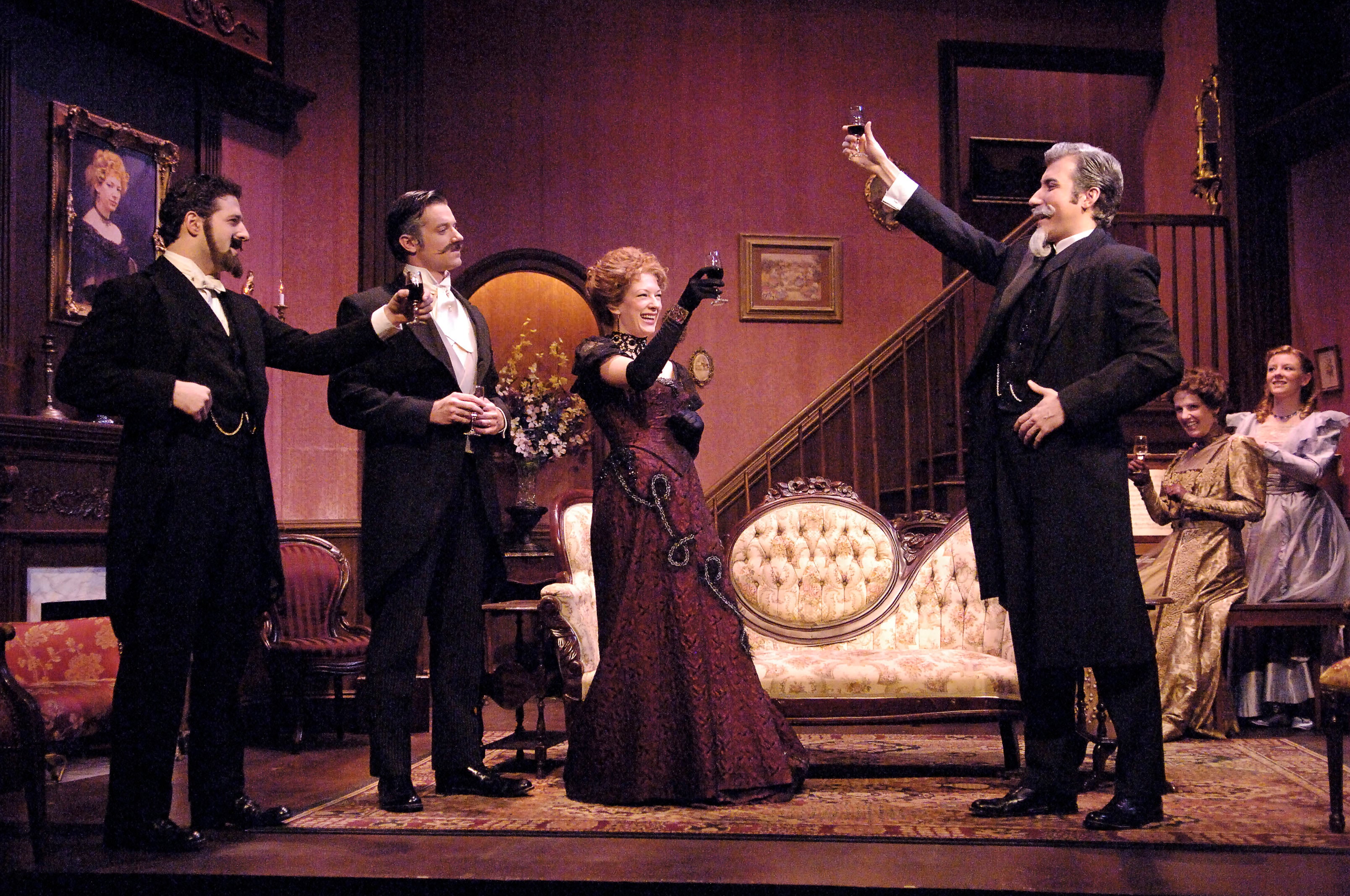 Six student actors performing a scene from the play Little Foxes.