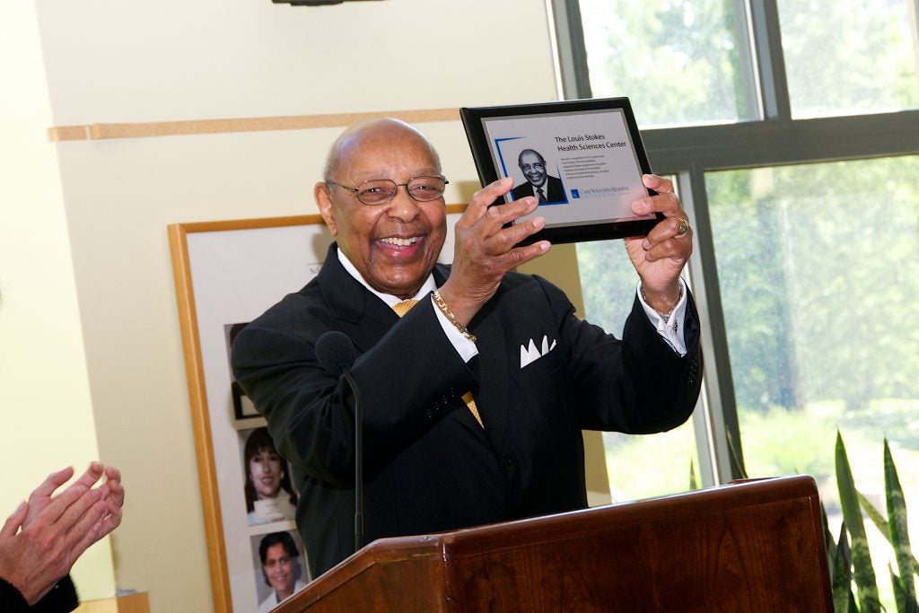 Rep. Stokes speaks at the event unveiling the new signage for the Louis Stokes Health Sciences Center.