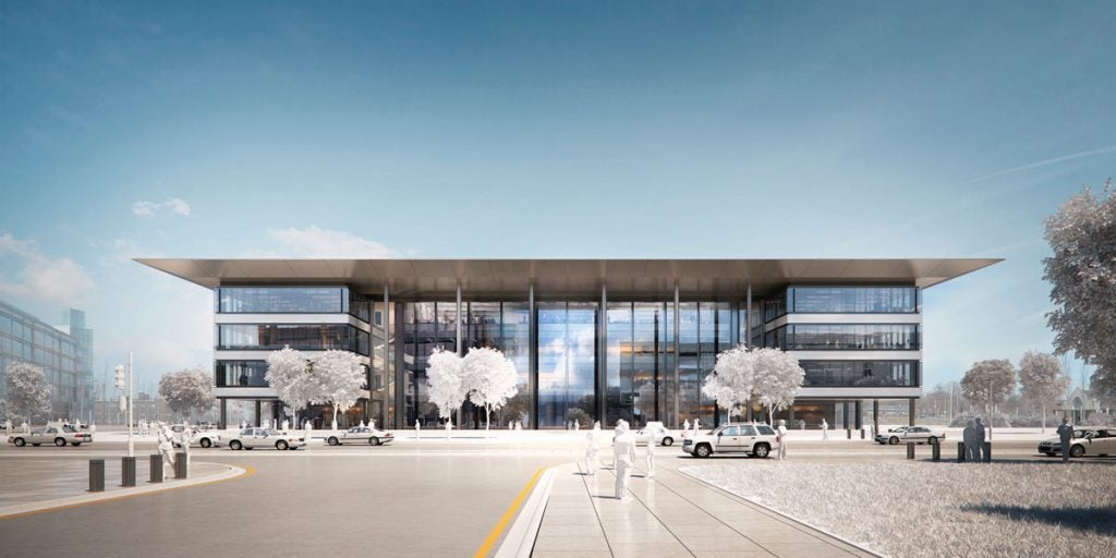 Exterior rendering of the CWRU Cleveland Clinic health education campus