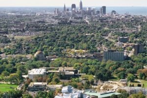 aerial view of CWRU in the foreground and Cleveland in background