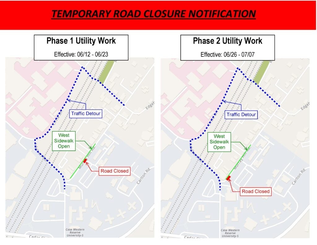 Photo showing the two phases of construction and the detoured route from the Murray Hill closure and detour to Circle Drive