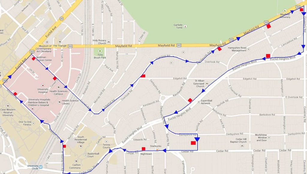 map of CWRU morning shuttle around Cleveland Heights Little Italy