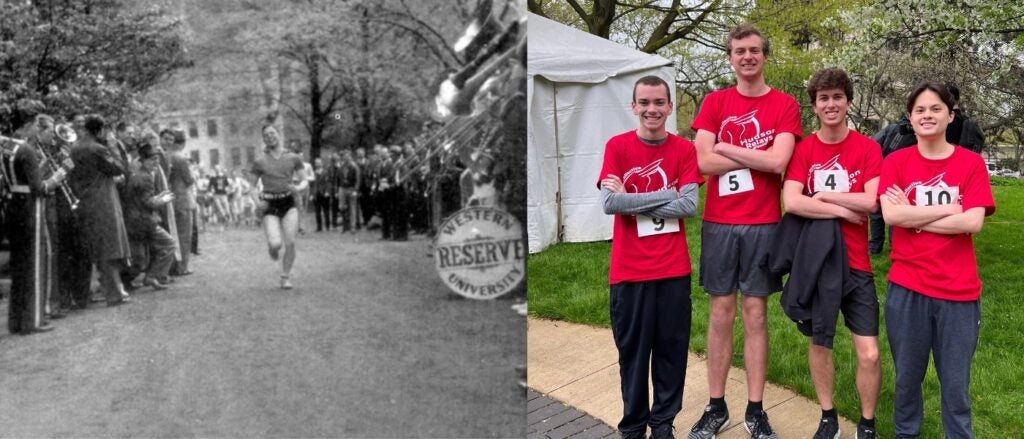 Compilation image of a runner in the 1930s (pictured left) and a modern day photo of Carson Williams with other members of the Class Officer Collective during CWRU's Hudson Relays (pictured right)