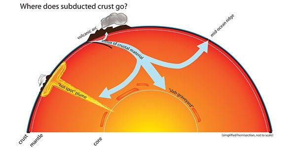 diagram of the carbon cycle in the earth's mantle, showing crust materials going down into the mantle and up again through plumes