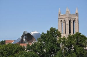 Photo of tree line showing top of McGaffin Carillon and Peter B. Lewis Building