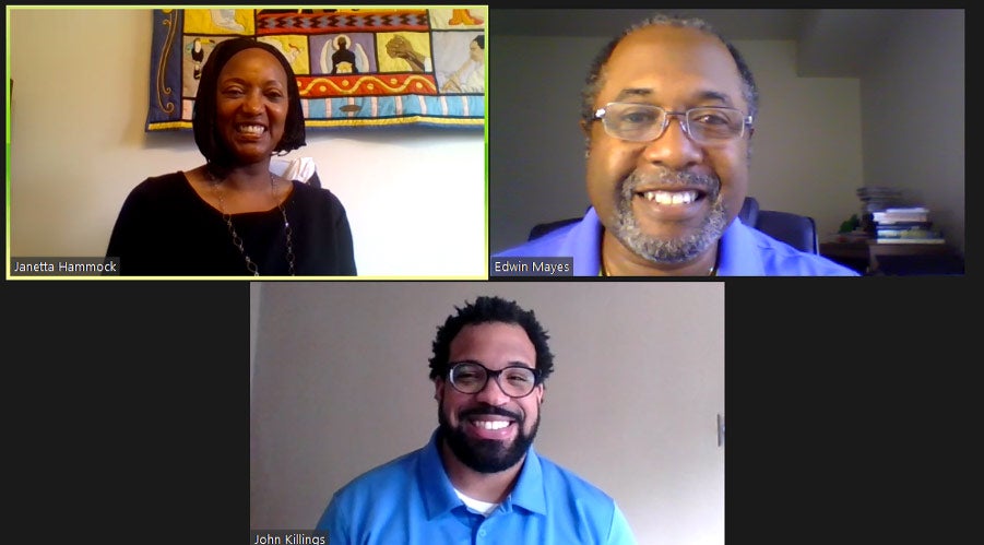 Screenshot of a Zoom session with Janetta Hammock, Edwin Mayes and John Killings