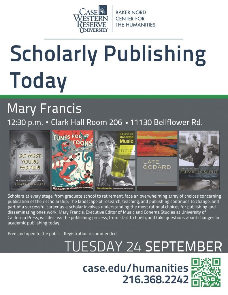 flier for Mary Francis' talk at CWRU on Scholarly Publishing Today