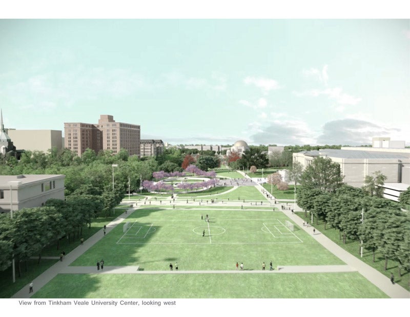rendering of CWRU, Cleveland Museum of Art greenway project, with a view of Freiberger Field looking west toward Maltz Performing Arts Center