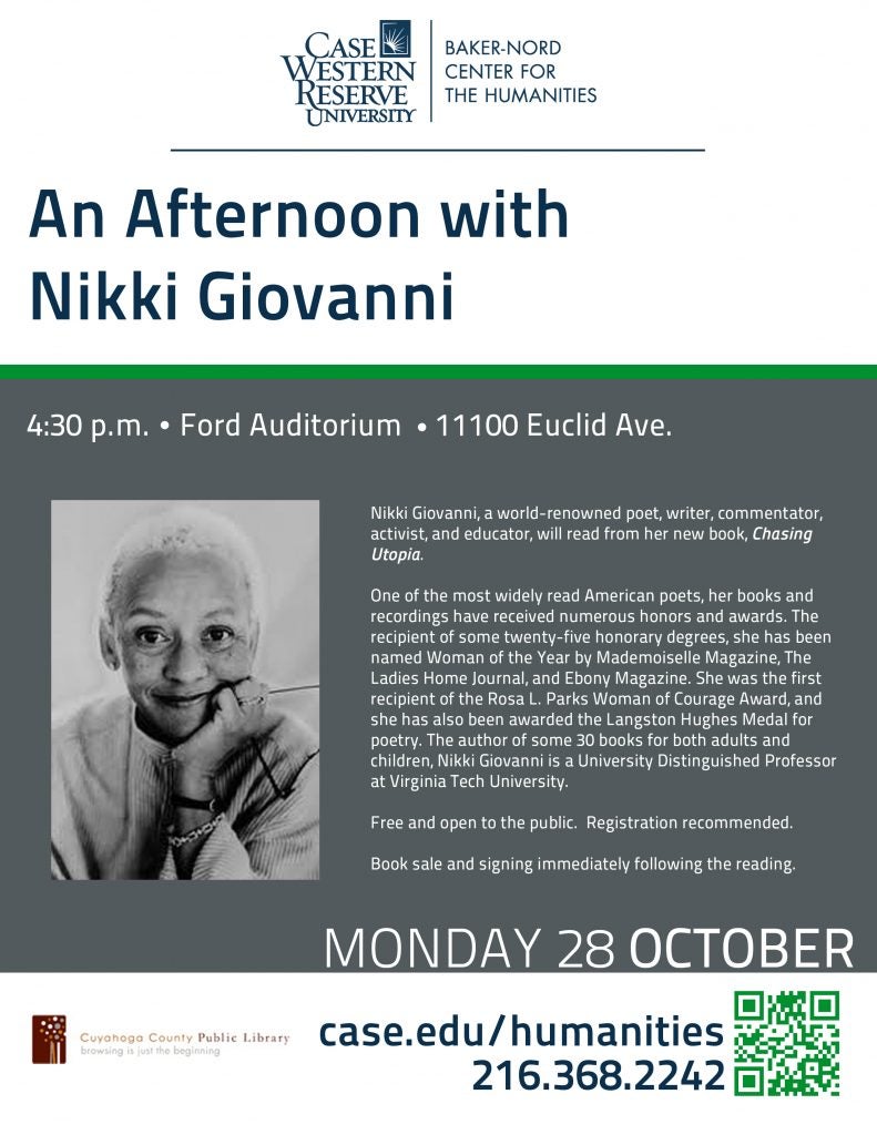 Flier for Nikki Giovanni's visit to CWRU